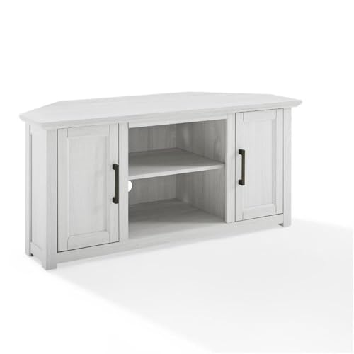Pemberly Row Modern Rustic Wood Corner TV Stand, 48 in, Whitewash Finish, Fits TVs Up to 50 in, Adjustable Shelving, Cable Management, Antique Brass Hardware, MDF Construction, Living Room - color: Whitewash