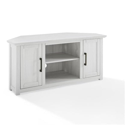 Pemberly Row Modern Rustic Wood Corner TV Stand, 48 in, Whitewash Finish, Fits TVs Up to 50 in, Adjustable Shelving, Cable Management, Antique Brass Hardware, MDF Construction, Living Room - color: Whitewash