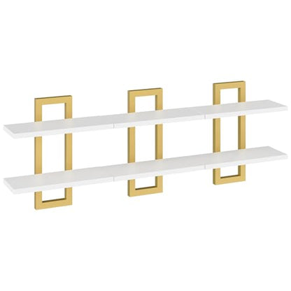 HOOBRO Floating Shelves, 15 Inch Wall Shelf Set of 3, Wall Mounted Storage Shelves 2-Tier, Hanging Bathroom Shelves, for Living Room, Bedroom, Bathroom, Kitchen, White and Gold DW32BJP301 - color: White + Gold