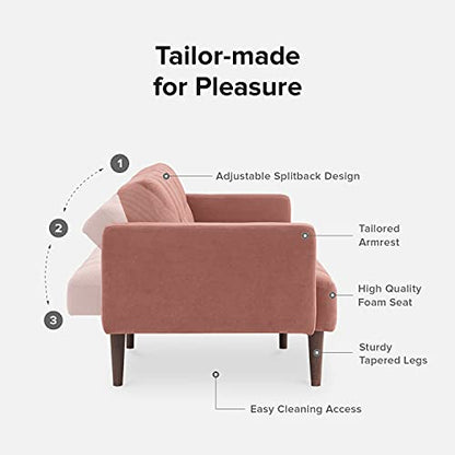 mopio 76.4" Futon Sofa Bed Tufted Styled, Sleeper Couch (Old Rosa, Velvet) | A textured seat folds flat for sleepovers; snug proportions slip into lofts and small lounges. - color: Old Rosa, Velvet
