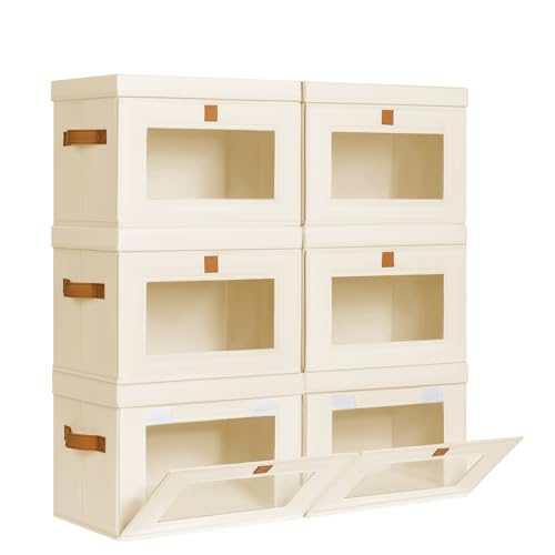 DIMJ Storage Bins with Lids - 6 Pack Front Opening Stackable Fabric Storage Boxes with Clear Window & Handles, Collapsible Closet Organizers for Clothes, Sweaters, Shelf Storage, Bedroom, Beige - color: Beige, size: Medium-6 Pack