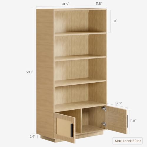 IDEALHOUSE 5-Tier Tall Wooden Bookcase with Rattan Doors, Large Bookshelf with Storage for Living Room, Bedroom, Home Office and Kitchen - color: Wood