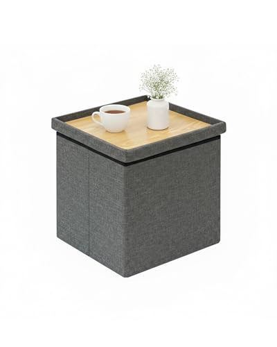 Square Storage Ottoman with Tray Top, Small Linen Fabric Ottoman Cube Coffee Table with Storage, 16" Folding Footrest for Living Room, Dorm, Bedroom, Grey - color: Grey, size: 16"D x 16"W x 15.2"H