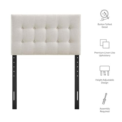 Modway Emily Twin Size Fabric Headboard in Linen - Linen-Like Upholstery with Button Tufting and 7 Adjustable Height Positions - color: Linen, size: Twin