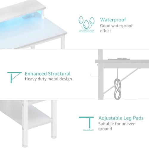 Lufeiya White Computer Desk with LED Lights and Power Outlets, 40 Inch Home Office Desks with Monitor Stand, Teen Writing Study Table Gaming Desk with Charging Station, White - color: White, size: 39.4"