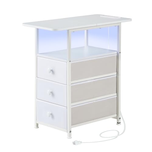 Narrow End Table with Charging Station, Narrow Side Table with 3 Fabric Drawers, Slim Nightstand with LED Light, Small Table with Storage, Living Room, Bedroom, White HKET1303WT - color: White, size: 11.8" W x 23.6" D, style: Power + Light