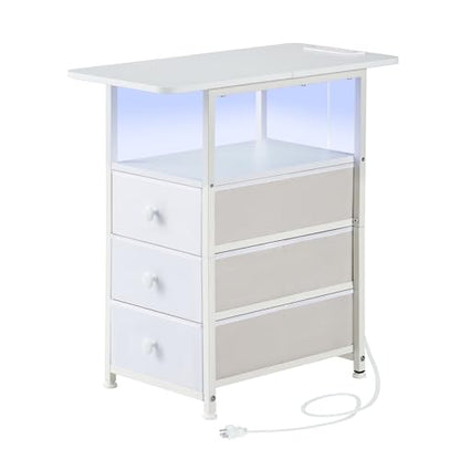 Narrow End Table with Charging Station, Narrow Side Table with 3 Fabric Drawers, Slim Nightstand with LED Light, Small Table with Storage, Living Room, Bedroom, White HKET1303WT - color: White, size: 11.8" W x 23.6" D, style: Power + Light