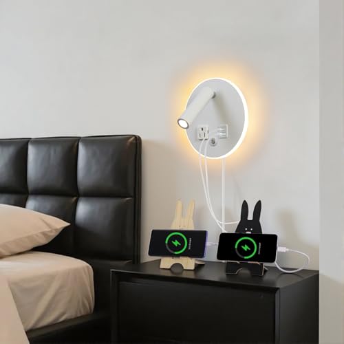 LED Round Wall Lamp Dimming Wall Mounted Reading Lights, Adjustable Headboard Plug in Wall Sconce with USB+USB C Ports, Headboard Bedside Lamp with 6W+3W Night Light 3000K (White) - color: White