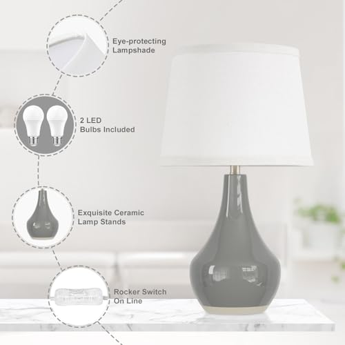 Seealle Modern Ceramic Table Lamps for Night Stands - Bedside Lamps Set of 2 for Nightstand, 19.4" Grey Bedroom Lamp for Living Room Cute Desk End Table Office Guest Room Dresser Rocker Swtich - color: E. Grey