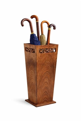 Antique Wooden Umbrella Stand & Walking Cane Holder for Home, Office & Entryway | Hand-Carved Solid Wood Umbrella & Cane Storage Rack | Size 21.5 x 8 x 8 in, Base 7.5 x 7.5 inches (Solid)