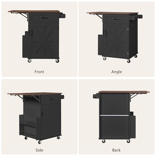 39.3" Farmhouse Kitchen Island with Drop Leaf and Open Side Rack, Small Kitchen Rolling Cart with Drawer and Storage Cabinet, Mobile Dining Table with Lockable Wheels and Towel Rack for Garden Black - color: Black