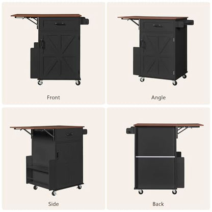 39.3" Farmhouse Kitchen Island with Drop Leaf and Open Side Rack, Small Kitchen Rolling Cart with Drawer and Storage Cabinet, Mobile Dining Table with Lockable Wheels and Towel Rack for Garden Black - color: Black