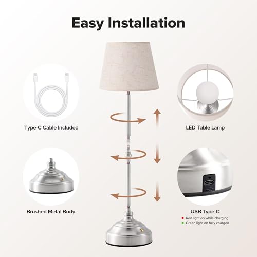 2 Pack Cordless Table Lamp, Rechargeable Desk Lamp with Fabric Shade, Battery Operated 3 Color Stepless Dimming, Small Touch Bedside Lamp Home Decor for Dining, Counter(Brushed Sliver) - color: Brushed Silver, size: 2 Pack