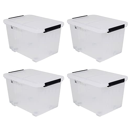 4 Packs 30 L Clear Large Storage Boxes Container with Lids and Wheels | Clear Translucent Design, Secure Latch Lock Lids, Smooth Rolling Wheels, for Home Office Garage Use - size: 30 L