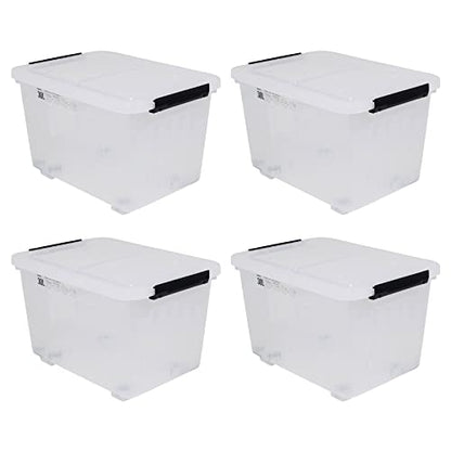4 Packs 30 L Clear Large Storage Boxes Container with Lids and Wheels | Clear Translucent Design, Secure Latch Lock Lids, Smooth Rolling Wheels, for Home Office Garage Use - size: 30 L