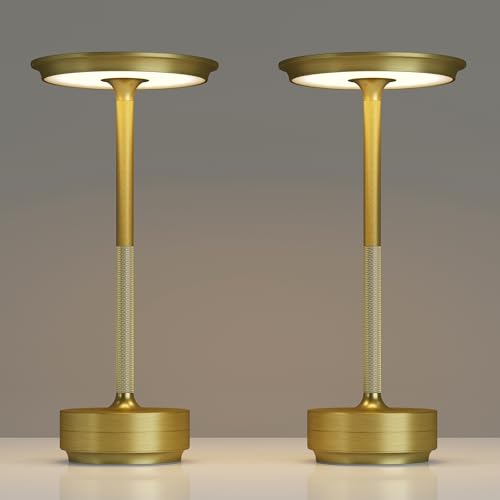 TBBGA 2 Pack Rechargeable Cordless Table Lamp, 5000mAh Battery Table Light | 3 Color Stepless Dimming Portable LED Table Light with Memory Function, for Outdoor/Dinner/Patio/Restaurant.(Gold) - color: Gold-2