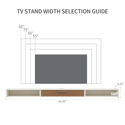 94'' Floating TV Stand, Wall Mounted TV Console, White | Floating TV Cabinet, Under TV Shelf for Bedroom Living Room - color: White, size: 94 IN