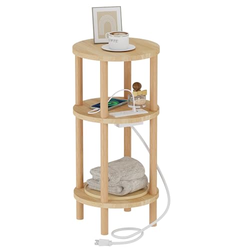 Solid Wood Round Side Table with Charging Station, 3-Tiers Small End Table | Real Oak Wood Table,Narrow Compact Sofa Bedside Table for Small Spaces, Easy Assembly for Living Room, Bedroom, Apartment - color: Natural