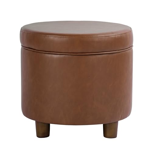 HomePop 19" Round Storage Ottoman - Chestnut Brown Faux Leather - color: Chestnut Brown Faux Leather