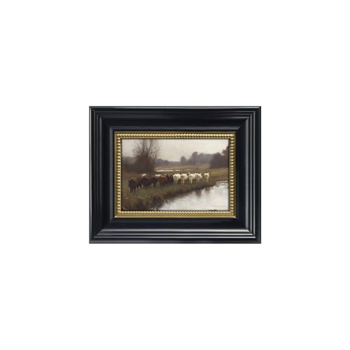 Gatheroad Black Framed Vintage Canvas Wall Art Prints, Landscape Art Picture, Retro Rustic Aesthetic Cow Bathroom Decor, Farmhouse Animal Home Accent for Living Room Bedroom Office, 8x10in - color: Dusky Cattle, size: 8X10inch