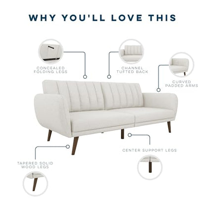 Novogratz Brittany 82 Inch Futon Sofa Bed in Faux Leather, Upholstered Couch Sleeper with Tufted Back, Mid-Century Modern Design, Light Gray - color: Light Gray