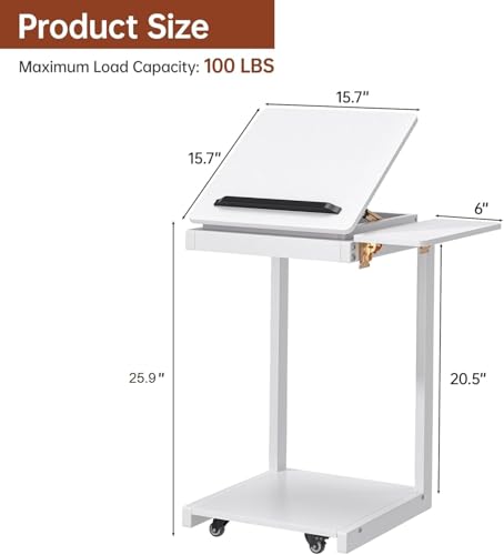 C Shaped End Table, Rolling Side Table with 4-Way Convertible Desktop, Wooden C Table with Multi-functional Folding Tray & Lockable Wheels, Side Table for Couch, Living Room, Bedroom, White - color: White 01