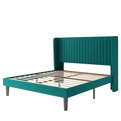 SHA CERLIN Full Size Velvet Bed Frame, Tufted Wingback Headboard, Teal | 47'' Modern Vertical Channel Headboard, Upholstered Platform Bed, Wood Slats, No Box Spring Needed, Easy Assembly, Noise Free - color: Teal, size: Full