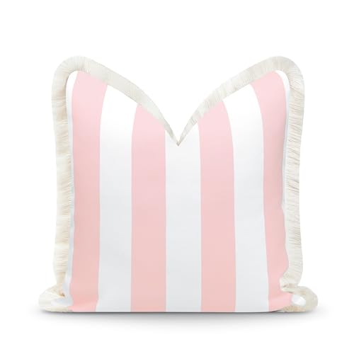 Hofdeco Premium Coastal Patio Indoor Outdoor Pillow Cover Only, 20"x20" Water Repellent for Backyard, Couch, Blush Pink Stripe Fringe - color: Blush Pink Stripe 20"x20"