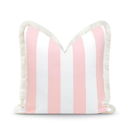 Hofdeco Premium Coastal Patio Indoor Outdoor Pillow Cover Only, 20"x20" Water Repellent for Backyard, Couch, Blush Pink Stripe Fringe - color: Blush Pink Stripe 20"x20"