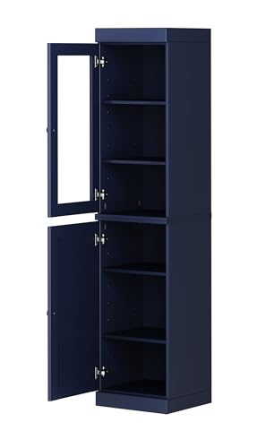 Solid Wood Kitchen Pantry - Narrow Storage Cabinet - 16.5" Wide x 71.5" Tall - 1 Raised Panel & 1 Glass Door, Navy Blue, Adjustable Shelves, 100% Eco-Friendly Wood, Modular Cabinets - color: Navy Blue, style: Clear Glass Top Door / Raised Panel Bottom Doo