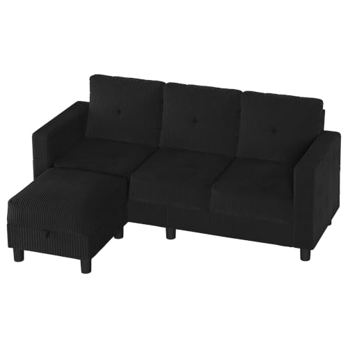 Shintenchi 76" Modern Upholstered Sectional Sofa, L-Shaped Couch with Storage Ottoman and Reversible Chaise for Living Room, Carbon Black Corduroy Fabric - color: Solid Black1