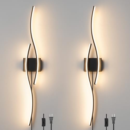 Daunton Modern Plug in Wall Sconces Set of Two, RC Dimmable LED Plug in Wall Light, Black Sconce Wall Lighting for Living Room, Hallway, Bedroom - color: Black, size: 40.5in A plug in