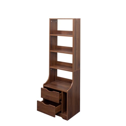 Tall Nightstand with 4 Open Shelves and 2 Drawers Slim Bedside Storage Cabinet End Table Wooden Bookshelf Utility Organizer for Living Room, Bedroom, Brown - color: Brown