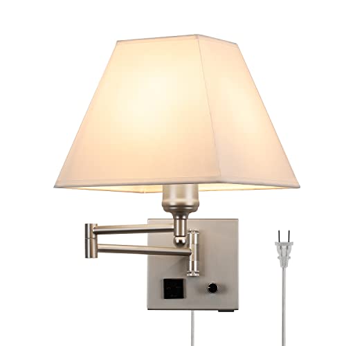 Plug in Wall Light,Swing Arm Wall Sconces with USB Port and Outlet,Wall Lamp with White Fabric Shade Dimmable Switch for Bedroom, Living Room , Office Nickel - color: Sand Nickel