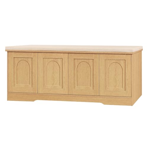 Shoe Storage Bench with Cushion, Door, Natural 47.2" LX17.7 H | Entryway Bench, 2-Tier Cabinet Bench, Widened Cubby, Fully Adjustable Shelves for Boots, Easy Assembly, Farmhouse, Bedroom - color: Natural, size: 47.2”L x 17.7”H