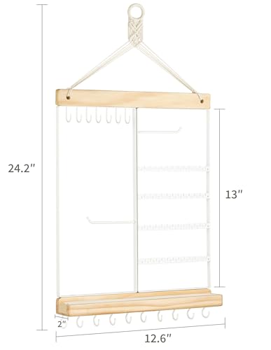 Mkono Hanging Wall Jewelry Organizer, Necklace Earring Holder Display Shelf | Boho Style, Wood Storage Rack, for Bracelets Rings Studs, Easy to Install, Large Capacity, Western Bedroom Decor,Gift Idea