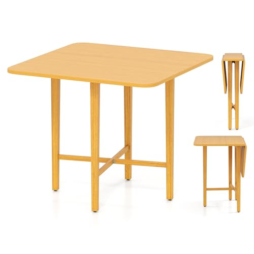 GOFLAME Square Drop Leaf Dining Table for 2-4 People, Folding Kitchen Table with Solid Rubber Wood Legs, Farmhouse Extendable Table for Dining Room, Living Room, Small Space, Natural - color: Natural
