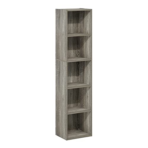 Furinno PASIR Book Shelf, 5-Tier Tall Narrow Bookshelf, Open Shelves Bookcase, 9 x 12 x 52, Easy Assembly, for Living Room, Bedroom, Home Office, French Oak - color: French Oak, size: 5-Tier Cube