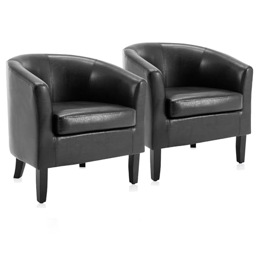 BELLEZE Accent Barrel Chair, Set of 2 Faux Leather Round Club Tub Sofa Corner Chair with Flared Legs and Cozy Soft Padding for Living Room Bedroom Waiting Room - Black - color: Black, style: Set of 2 Barrel Chair