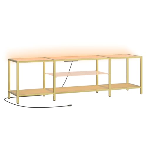 HOOBRO TV Stand with LED Lights and Power Outlets for TVs up to 75", Modern 70.9 Inch Tempered Glass TV Console Table with Open Shelves, Media Entertainment Center for Living Room, Gold GD185UDS01 - size: 70.9 Inch