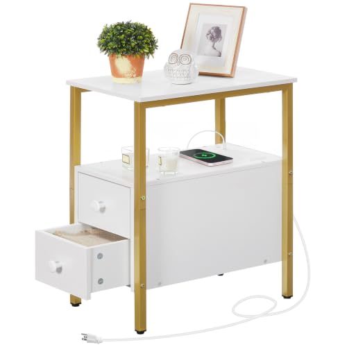 HOOBRO End Table with Charging Station, Narrow Side Table with 2 Drawer & USB Port & Power Outlets, Nightstand for Small Spaces, Stable and Sturdy, for Living Room, Bedroom, Gold and White DW541BZ01 - color: Gold + White