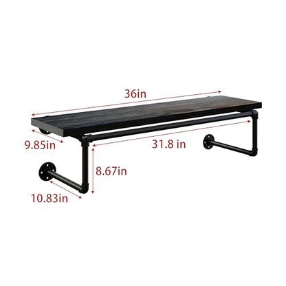 Clothes Rack 36in, Wall Mounted Garment Racks with Real Black Wood Shelf, Heavy Duty Hanging Clothes Rack, Multi-Purpose Hanging Rod, Space-Saving Closet Storage - color: Black, size: 1T36IN