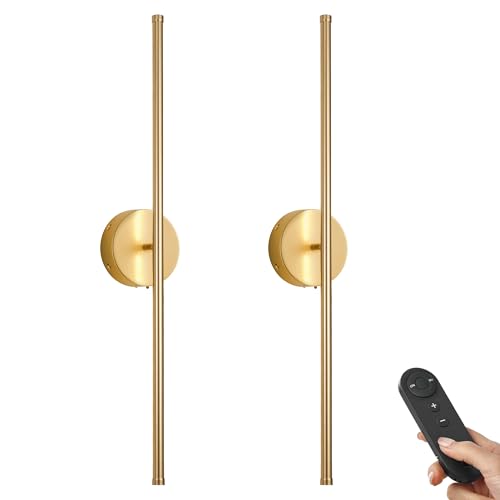 KARTOOSH Battery Operated Wall Sconces Set of Two Wireless Wall Lights | Rechargeable Wall Sconce with Remote 350°Rotate Dimmable 3000K LED Wall Lamp for Living Room, Bedroom - color: Gold, size: 24.4 Inches