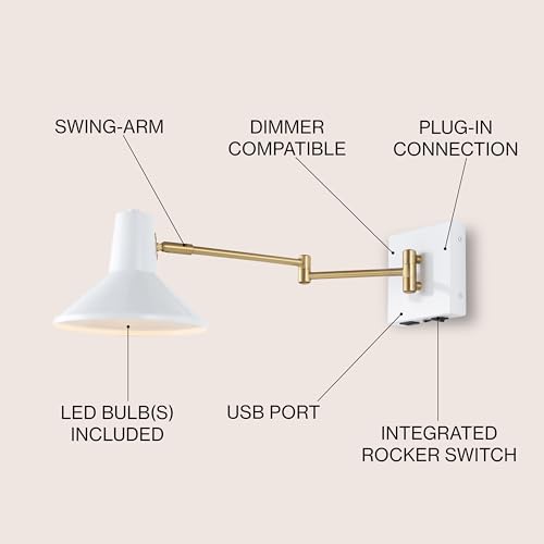 JONATHAN Y Hygge 1-Light Modern Swing Arm USB Sconce 8", White/Brass Gold | Metal Construction, Plug-In Midcentury Bedside Wall Lamp, Cone Shade, Adjustable Head, LED Bulb Included - color: White/Brass Gold