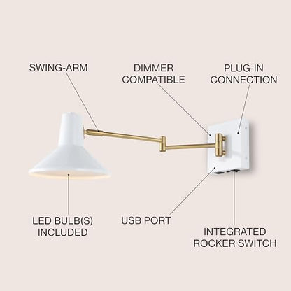 JONATHAN Y Hygge 1-Light Modern Swing Arm USB Sconce 8", White/Brass Gold | Metal Construction, Plug-In Midcentury Bedside Wall Lamp, Cone Shade, Adjustable Head, LED Bulb Included - color: White/Brass Gold