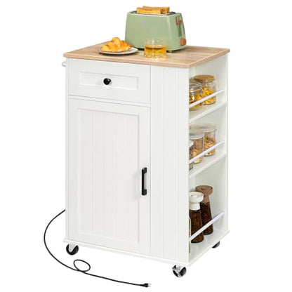 HOOBRO Kitchen Island on Wheels, Kitchen Island Cart with Power Outlet, Kitchen Storage Island with Spice Rack and Drawer, Island Table for Kitchen & Dining Room, White and Natural WN36UZD01