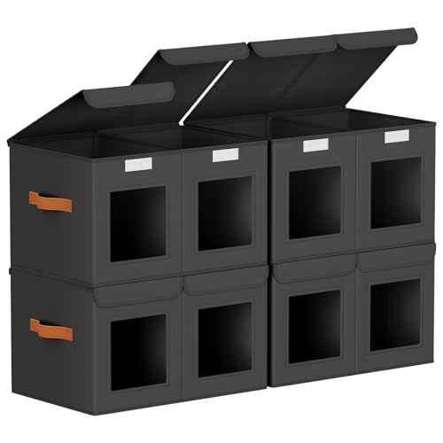 Large Closet Storage Bins - Collapsible Divided Clothes Organizer with Lids & Dual Window, Fabric Organizing Bins for Clothes, Sweater, Bedroom, Office (Black, 4 Pack) - color: Black, size: L(4-Pack)
