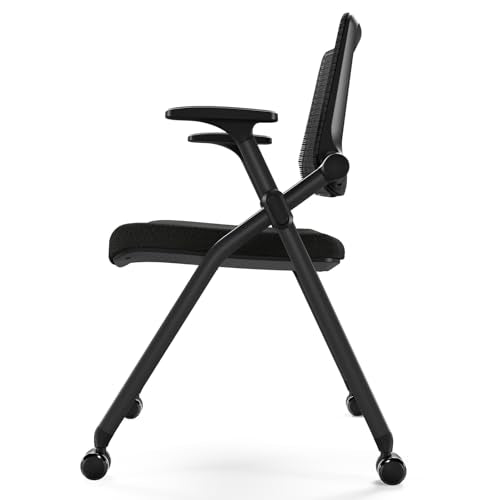 Foldable Office Chair with PU Wheels and Smooth Armrest-Ergonomic Mesh Bouncing Back, Stackable Conference Room Chair, Office Guest & Reception & Meeting Chair (Black)