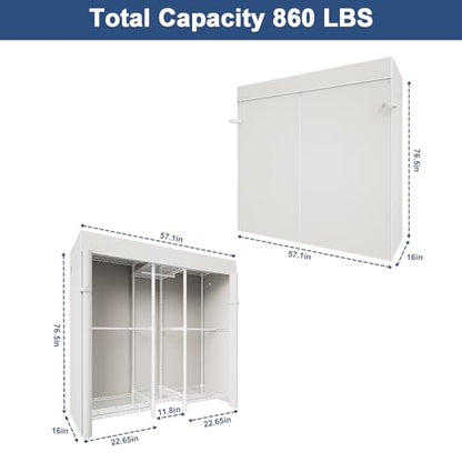 E12C Heavy Duty Closet Organizer System，Freestanding Clothing Rack, Adjustable Garment Rack 57.1" W x 16" D x 76.5" H Holds 860 lbs, White Clothing Rack with White Dustproof Cover - color: White Rack With White Cover, size: E12C