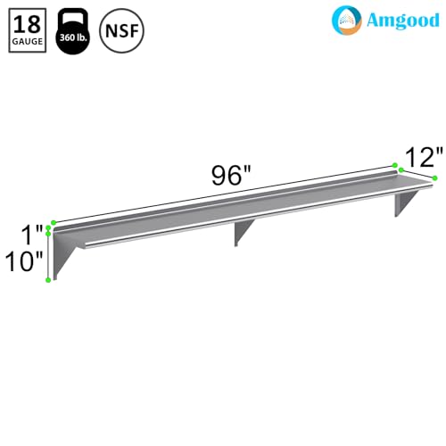 AmGood 12 in. x 96 in. Stainless Steel Wall Shelf | NSF | Metal Shelving | Garage, Laundry, Storage, Utility Room | Restaurant, Commercial Kitchen - size: 12 in. x 96 in.